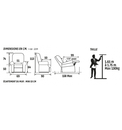 Dimensions Fauteuil releveur 2 moteurs Dublin
