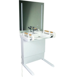 Lavabo avec miroir réglable en hauteur pour fauteuil roulant
