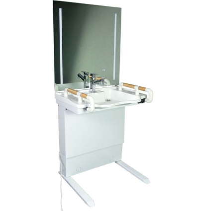 Lavabo avec miroir réglable en hauteur pour fauteuil roulant