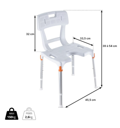 Dimensions de la chaise de douche Capri Plus avec découpe anatomique