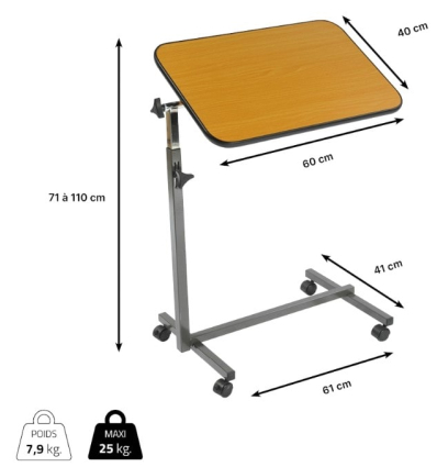 Dimensions de la table de lit roulante médicalisé Simplex