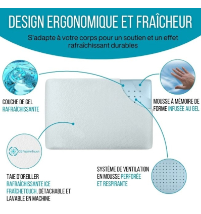 Oreiller à mémoire de forme avec gel rafraîchissant infusé Climaconfort Ice