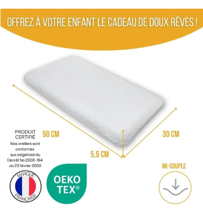 Dimensions de l'oreiller enfant à mémoire de forme perforé bambou Inphysio