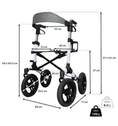 Dimensions du déambulateur 4 roues tout terrain avec roues gonflables Neo Fun