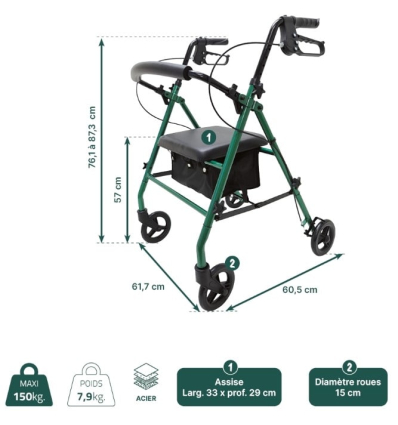 Dimensions du déambulateur 4 roues léger et pliable Acier