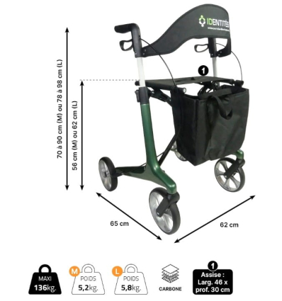 Dimensions du déambulateur 4 roues léger et pliable avec siège Carbone Neo Smart