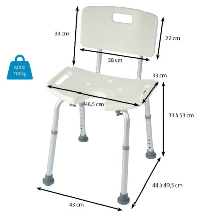 Dimensions de la chaise de douche médicale avec poignées New Bora