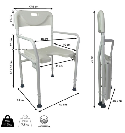 Dimensions de la chaise de douche pliante avec accoudoirs Tobago