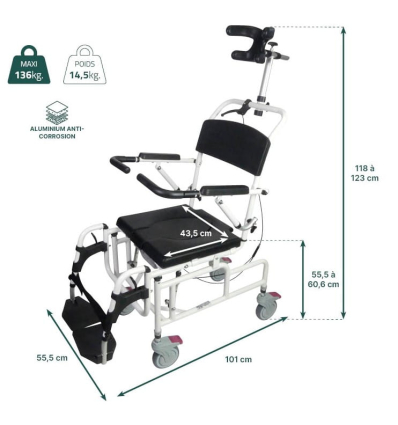 Dimensions du fauteuil de douche percée à roulettes inclinable Formentera