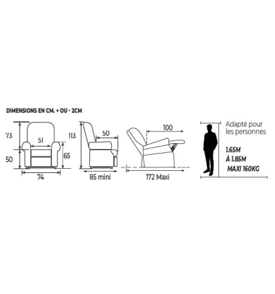 Dimensions du fauteuil releveur électrique 2 moteurs relax chauffant Confort Moderne