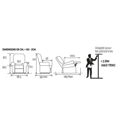 Dimensions du fauteuil releveur 1 moteur électrique relax Confort Grande Taille