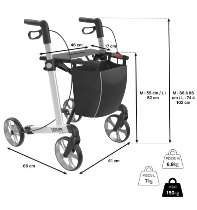 Dimensions du déambulateur 4 roues léger et pliable avec siège Server