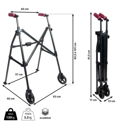 Dimensions du déambulateur 2 roues pliable parapluie Neo Pop