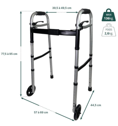 Dimensions du déambulateur 2 roues léger, pliable et réglable en largeur