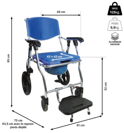 Dimensions de la chaise de douche percée mobile et pliante Minorque