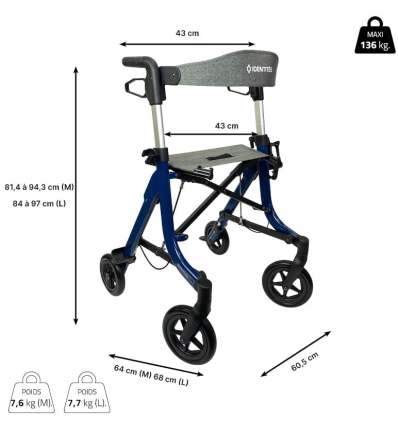 Dimensions du rollator 4 roues pliant avec siège Neo Light