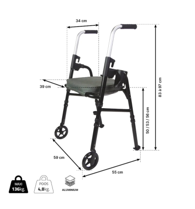 Dimensions du déambulateur pliable 2 roues Modulo