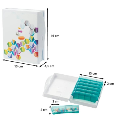 Dimensions du pilulier semainier géant et boîte à médicaments 7.4 Pilbox