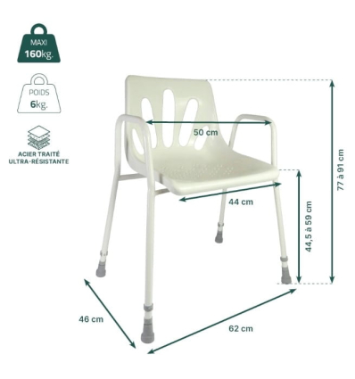 Dimensions de la chaise de douche englobante avec accoudoirs