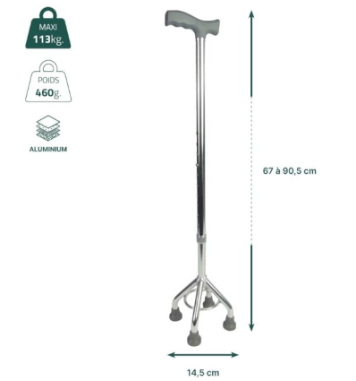 Dimensions de la canne de marche quadripode réglable Classic