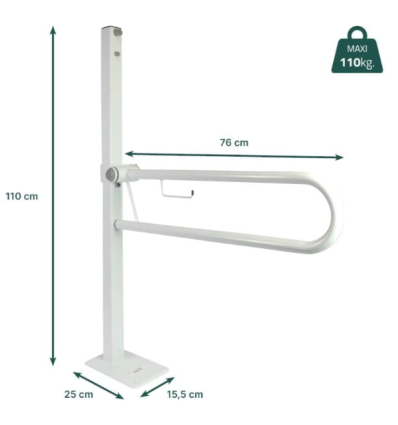 Dimensions de la barre d'appui WC PMR relevable avec distributeur de papier toilette Fidji sur pied
