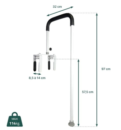 Dimensions de la barre d'appui pour baignoire sur pied Bali