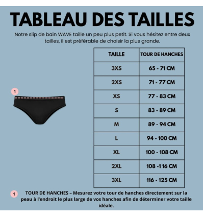 Guide des tailles du slip de bain menstruel taille basse WAVE Moi et Marie