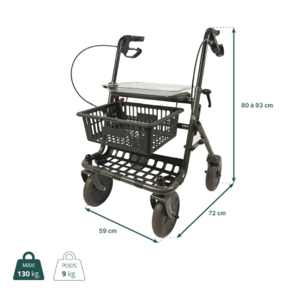 Dimensions du déambulateur 4 roues léger et pliable Primo avec panier et plateau