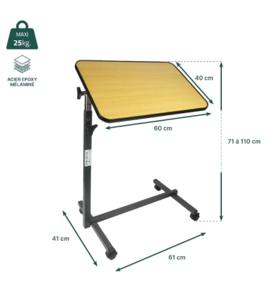 Dimensions de la table de lit roulante médicalisé Simplex avec plateau inclinable