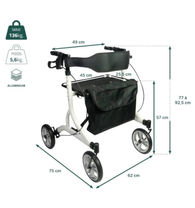 Dimensions du déambulateur 4 roues léger et pliable avec siège Neo Easy