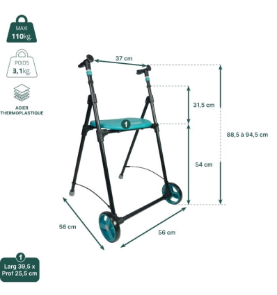 Dimensions du déambulateur 2 roues pliable et ultra léger Air On