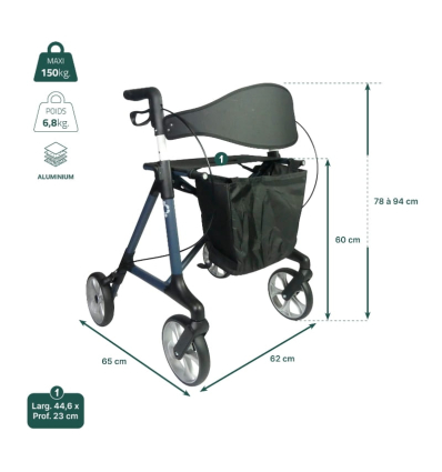 Dimensions du déambulateur extérieur 4 roues léger et pliable Magnus